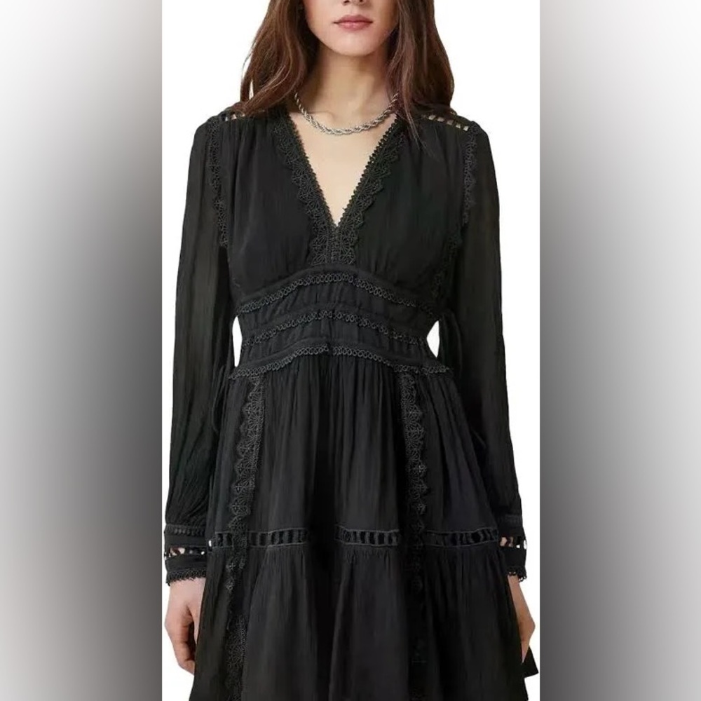All Saints | Women's Xanthe Lace-Trimmed Long Sleeve Mini Dress – US Size 6 - Picture 3 of 10